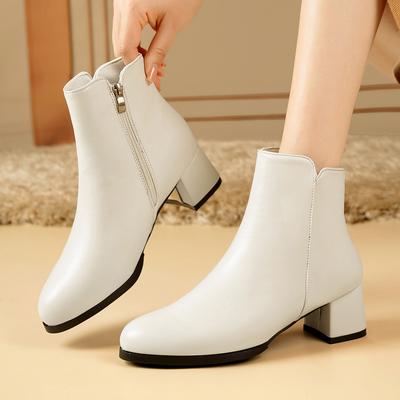 Herbst Winter PU Damen Stiefeletten Dicke Hohe Absätze Runde Zehenschuhe Schwarz Weiß Modern Kurz Botas Para Mujer 652