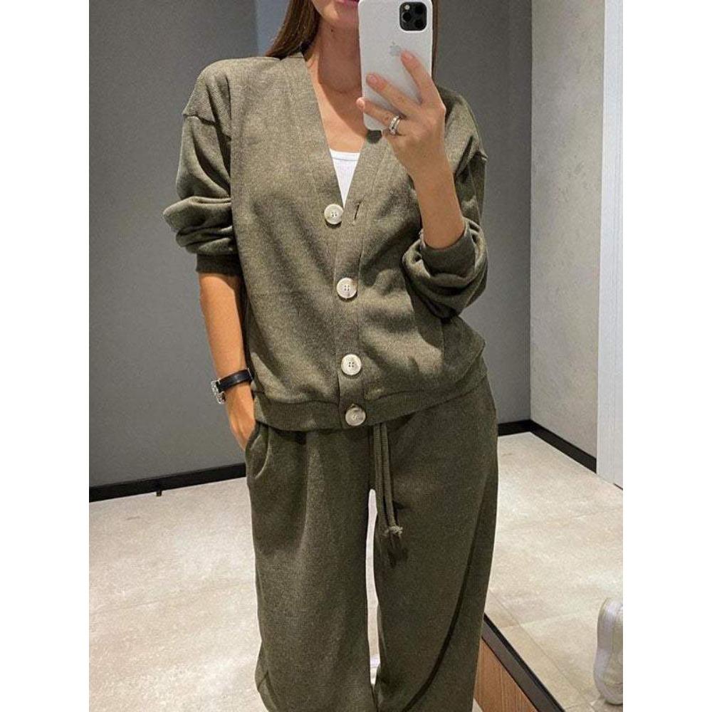 Women's O Neck Long Sleeve Loose Fit Button Front Cardigan Two Piece Outfit Drawstring Waist Straight Pants Autumn Casual Loungewear Pant Set