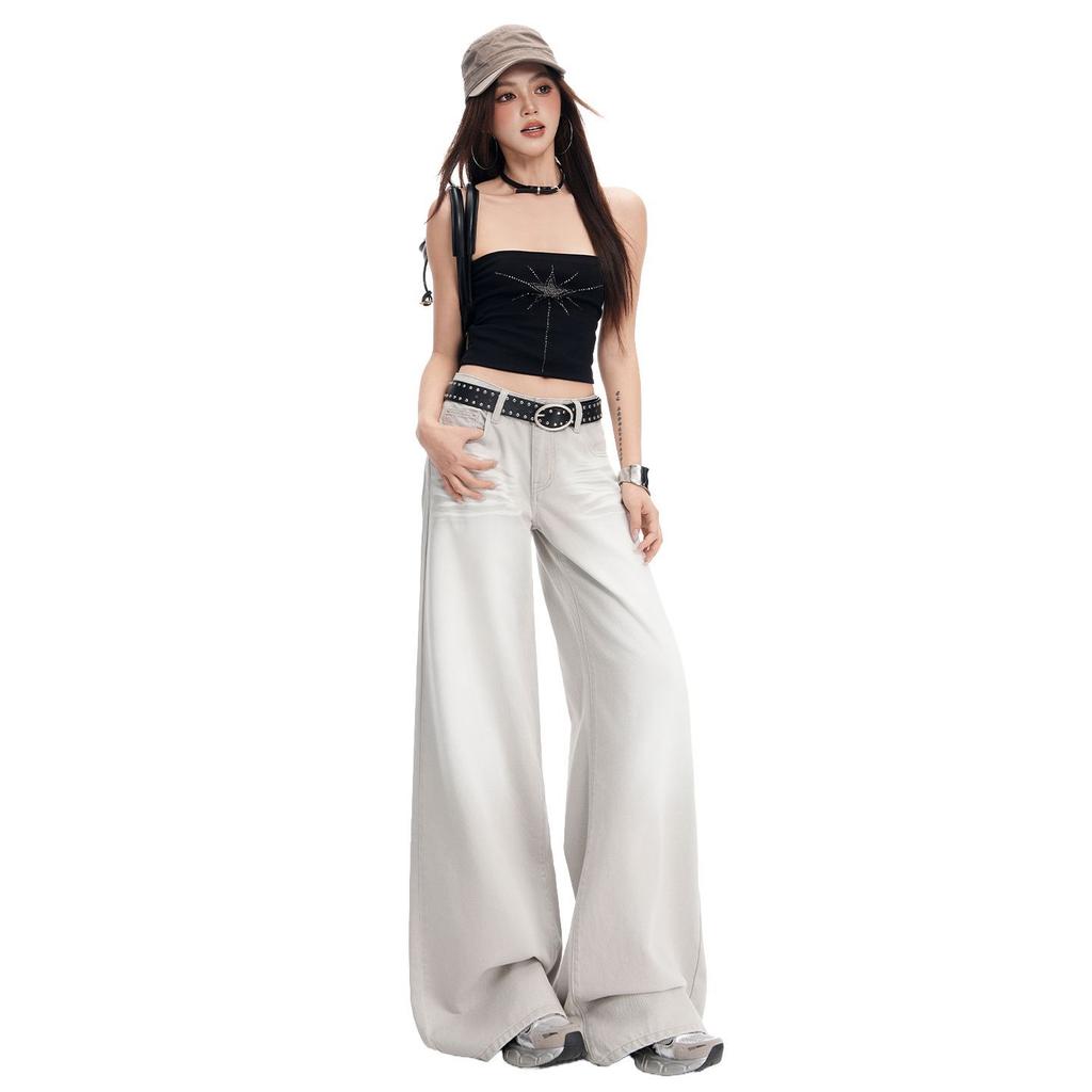 Spring Summer Vintage Sandblast Washed Relaxed Gray Tone Micro Flare Comfy Casual Denim Long Pants Ladies Casual Pants Oversize Denim Trousers