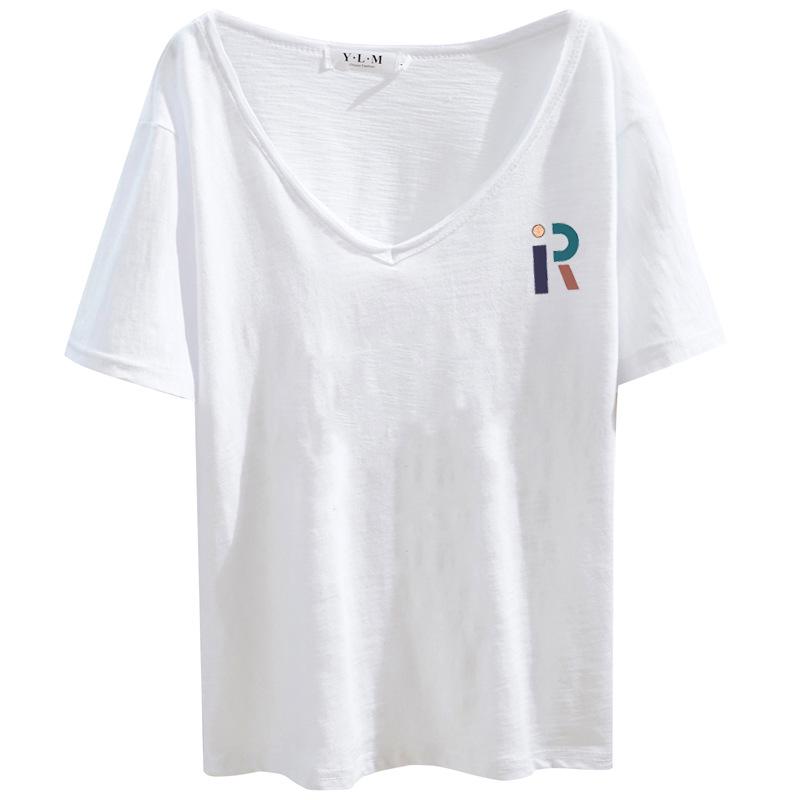 Damska koszulka z dekoltem V, krótkim rękawem, wykonana z bawełny bambusowej - Lato 2025, Styl koreański, Casualowa, Biała baza