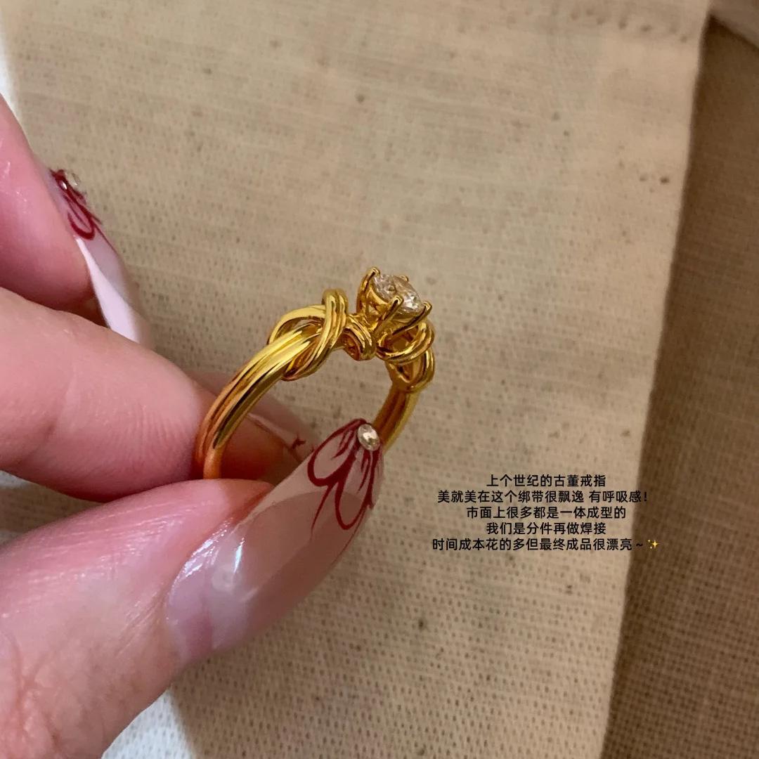 Light Luxury Medieval Twist Line Cross Knot Diamond Ring Niche Irregular Vintage Gold Strap Ring Female Resizable