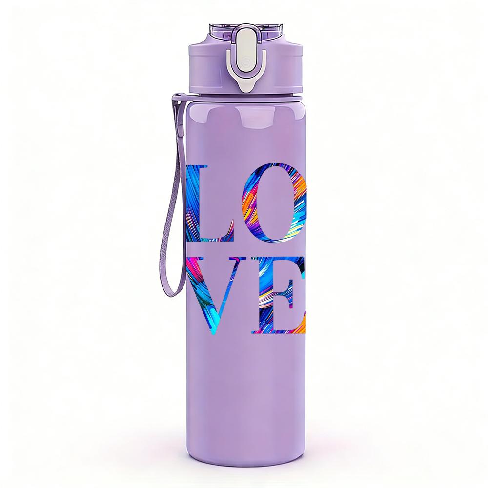 1PC Gradient Color LOVE Letter 750ml Color Plastic Sports Water Bottle Leakproof Flip Straw Lid Suitable for Sports Office Home Use