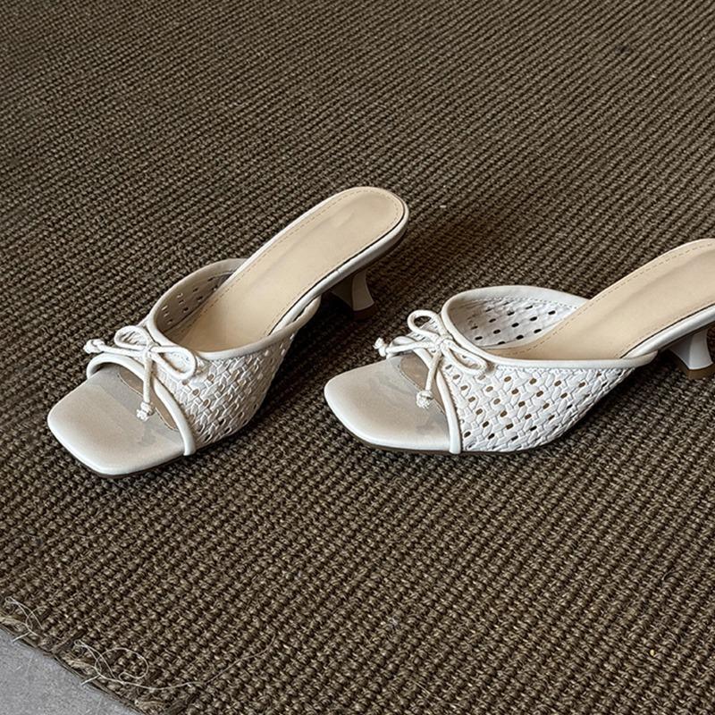 Sheepskin Holiday Style Woven Hollow Cool Slippers Versatile Bow Square Head Open-toed High-heeled Slippers Women's Summer Wear