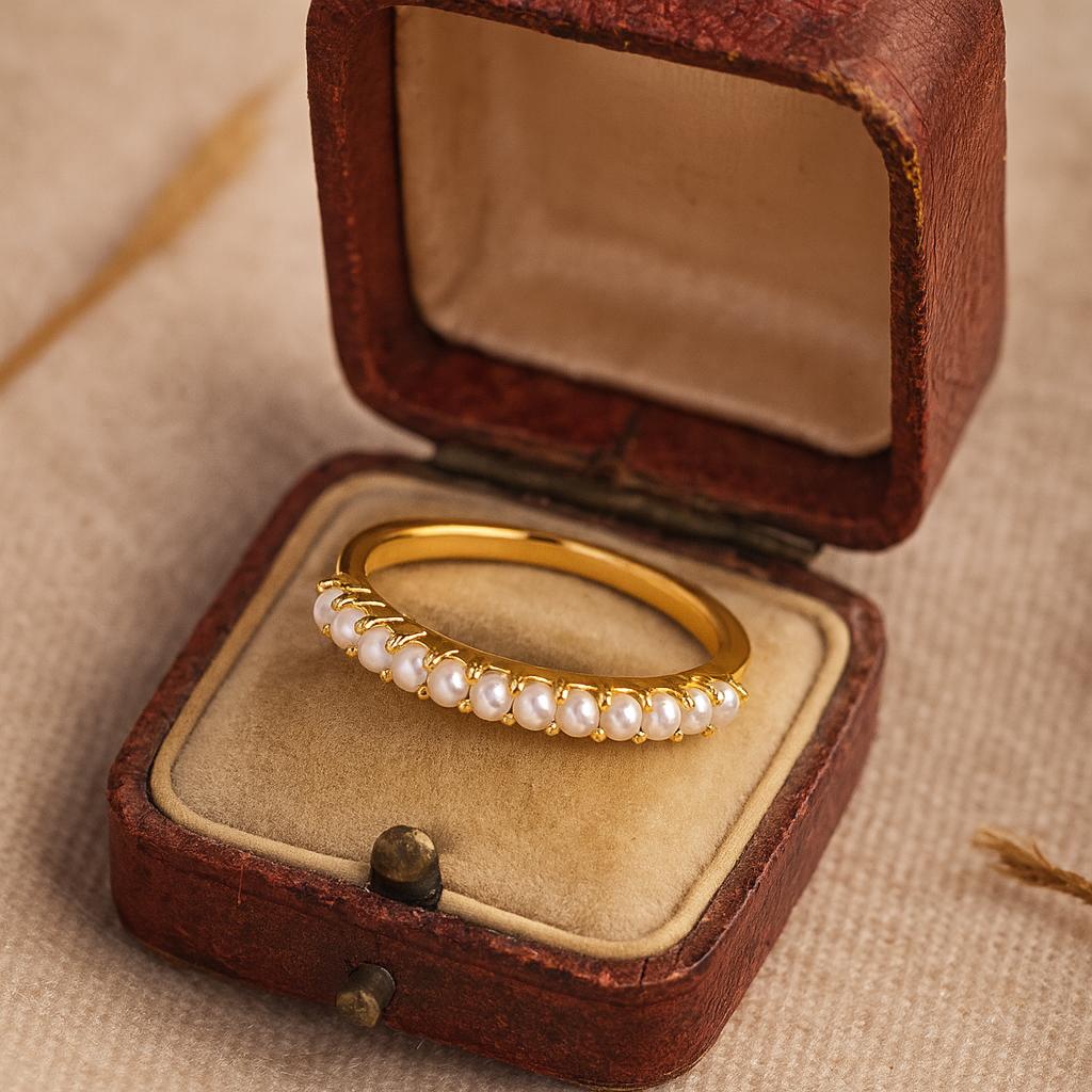 Wedding Engagement Anniversary Promise Gift – Antique Akoya Pearl Band, Yellow Gold Plated Unique Bridal Ring, June Birthstone Jewelry