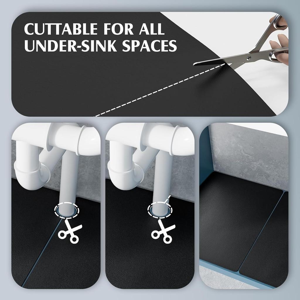Under Sink Mat for Kitchen, 2 Piece Super Absorbent Undersink Mats for Bottom of Kitchen Sink, 34" X 22" Cuttable Under Sink Liner, Quick-Dry Under