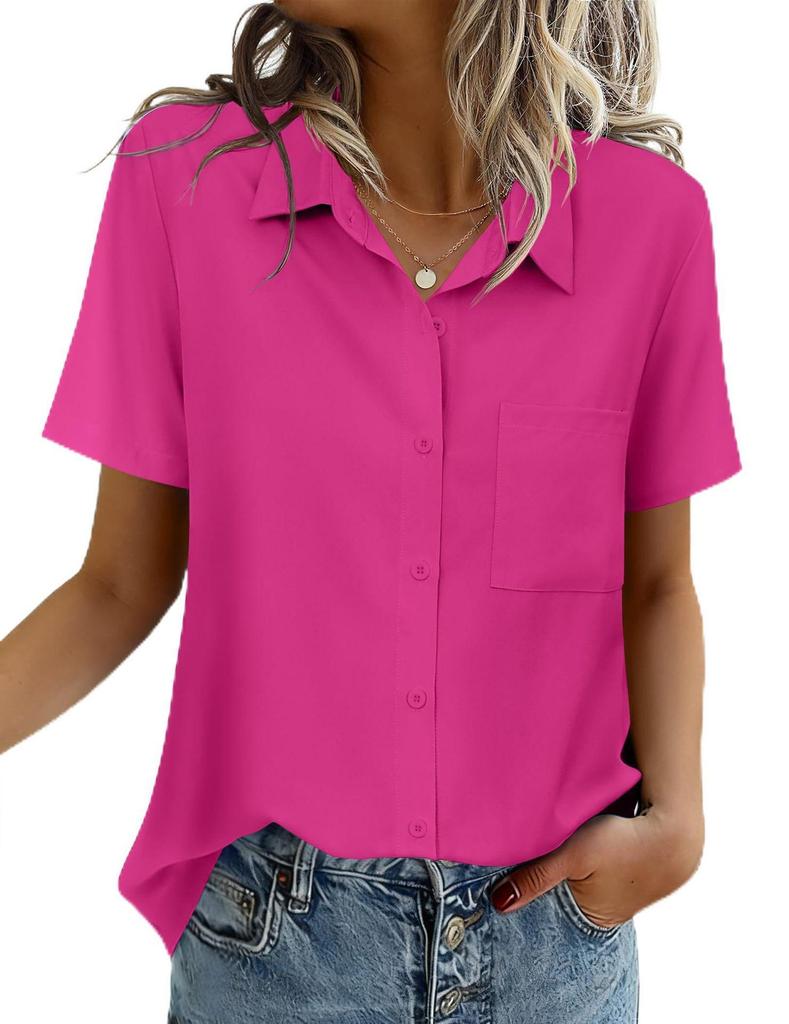 Chemise Boutonnée Manches Courtes Couleur Unie pour Femme - Haut Business Casual/Formel pour le Travail, Collection Printemps/Été 2026