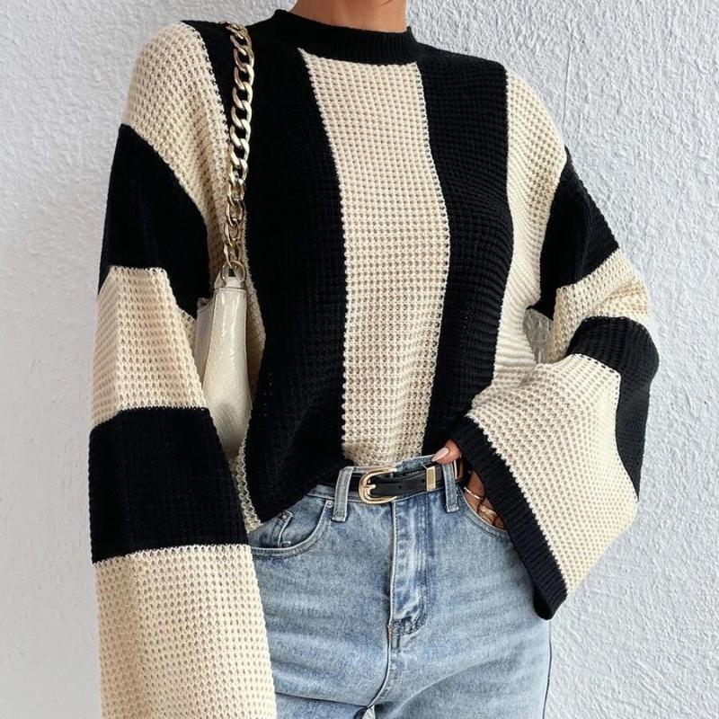 Damski Sweter Dzianinowy Casualowy w Paski Patchworkowy Okrągły Dekolt Rozszerzane Długie Rękawy Luźny Modny Dzianinowy Top Casualowy Wszechstronny Miękki Stylowy Sweter Dzianinowy Płaszcz