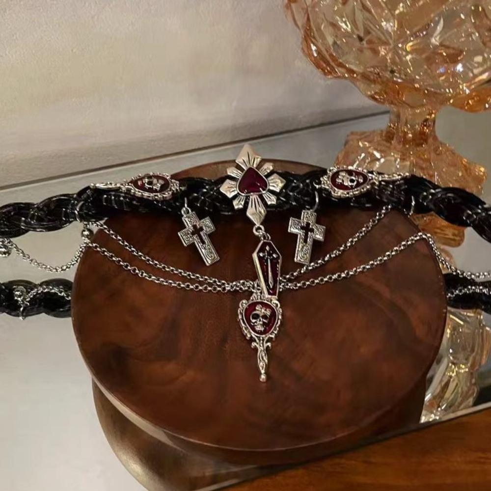 Skeleton Halloween Skull Choker Red Tassel Beaded Necklace Hiphop Y2K Leather Necklace  Girls