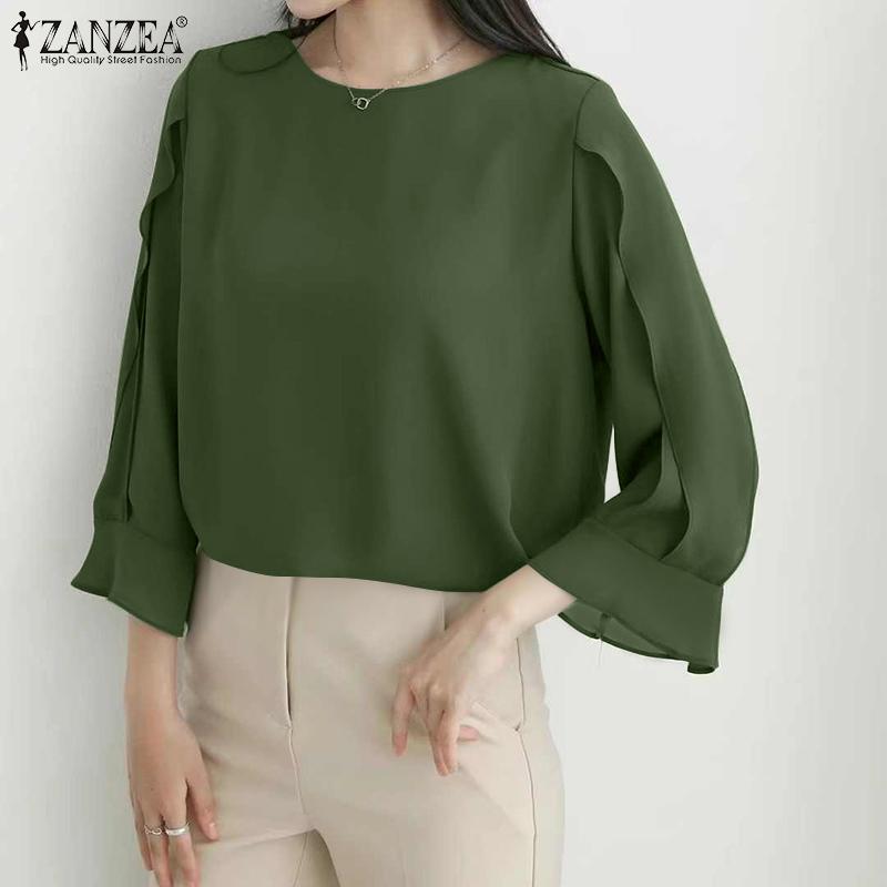 ZANZEA Women Casual Round Neck 3/4 Sleeve Solid Color Loose Blouse