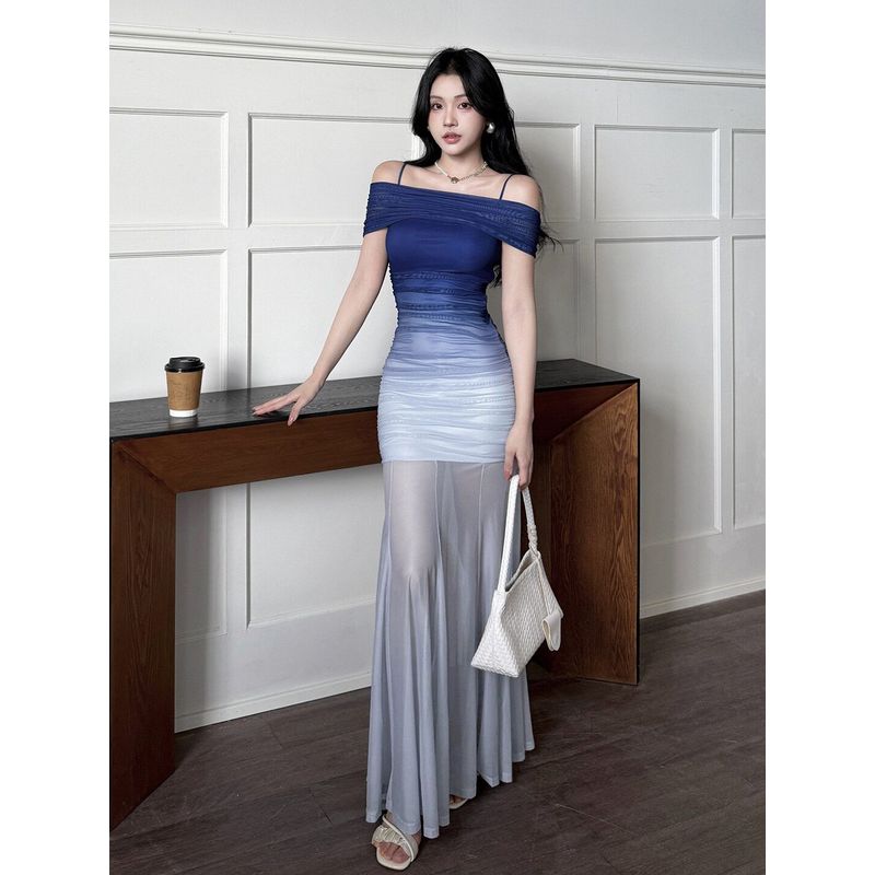 Sexy Solid Color Halter Dress, Sexy One-Shoulder Backless Dress Blue S