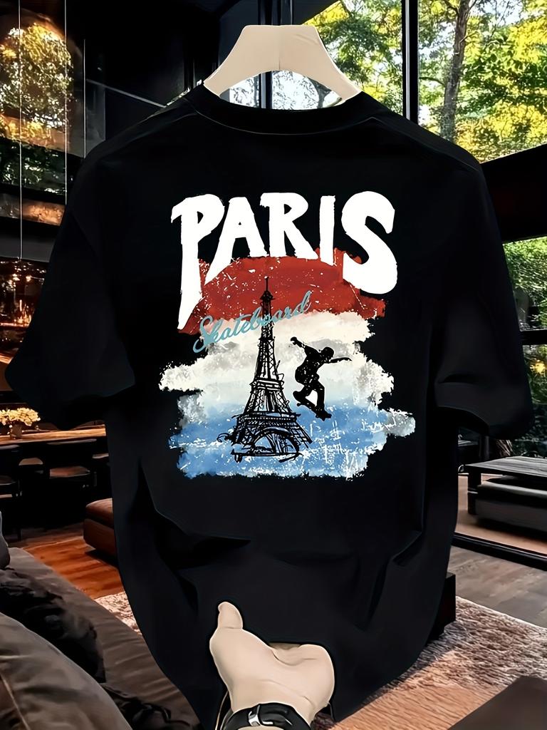 Herren Baumwoll-T-Shirt Schwergewicht Paris Skater Grafik Lockere Passform Kurze Ärmel Lässiges Sommer Oberteil mit Eiffelturm Design