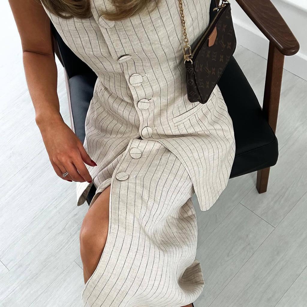 2024 Summer European & American Women's Linen-Style Striped Long Vest & Skirt Set