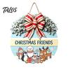 Indoor Outdoor Porch Ornament Christmas Wooden Welcome Sign for Front Door, Round Hanging with Seasonal Wall Art Artificial Pine Branches & Bow Decor