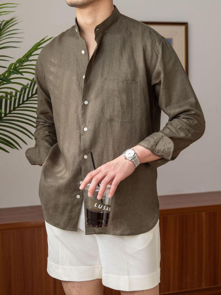 Men's Long-Sleeve Linen Henley Shirt - Casual, Breathable, Versatile for Commuting or Vacation