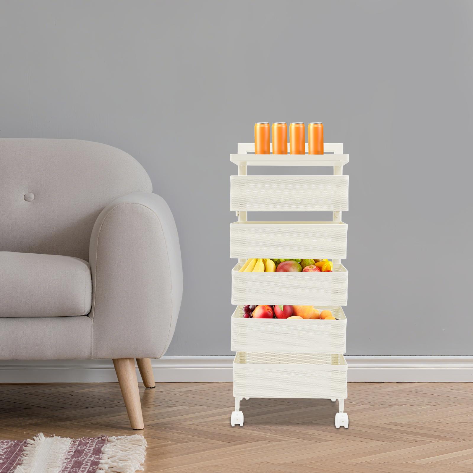 White 5 Tier Rotating Kitchen Storage Rack & Organizer Cart with Spinning Basket,Carbon Steel, Space-Saving Corner Tiered Shelf 5-tier