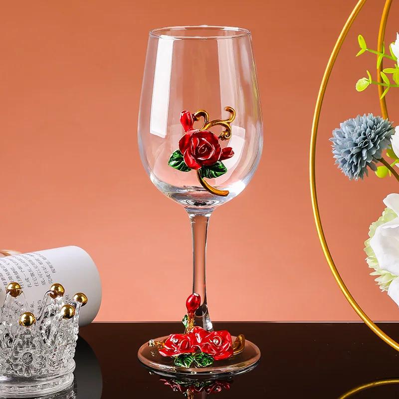 Luxury Crystal Enamel Goblet Glasses Vintage 3D Floral Decor Wine Glass Champagne Cup for Wedding Party Home Bar Home Party Gift