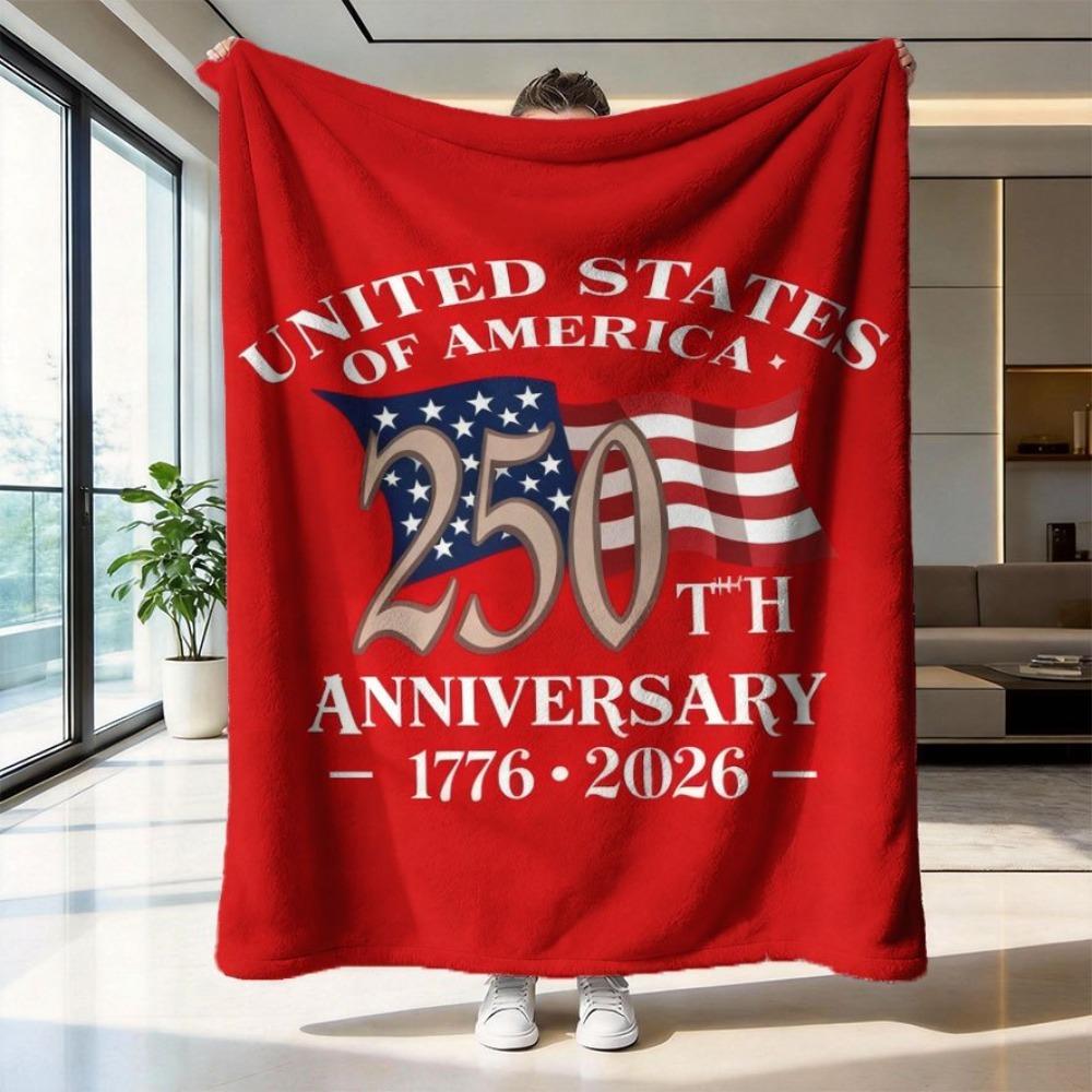 1pc Independence Day 250th Flannel Throw, 2D Flat Print Flannel Blanket, USA 1776-2026 Decor Blanket for Dorm Camping, All-Seaso 75x90cm