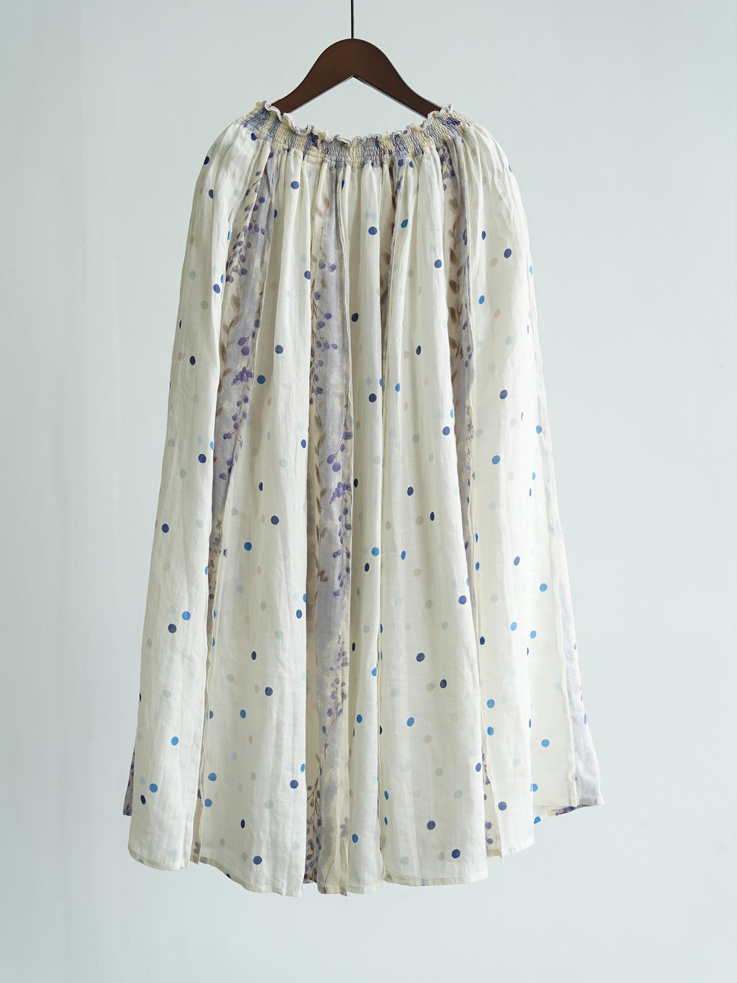 

Johnature Women Vintage Patchwork Color Skirts Elastic Waist Polka Dot Loose Soft High Quality Clothes Summer Skirts One Size