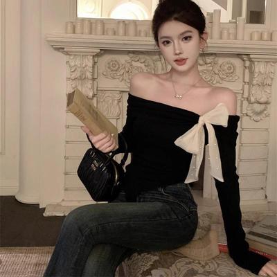 2024 One-Shoulder Bow Tie Slimming Long-Sleeve T-Shirt - Pure Desire Style