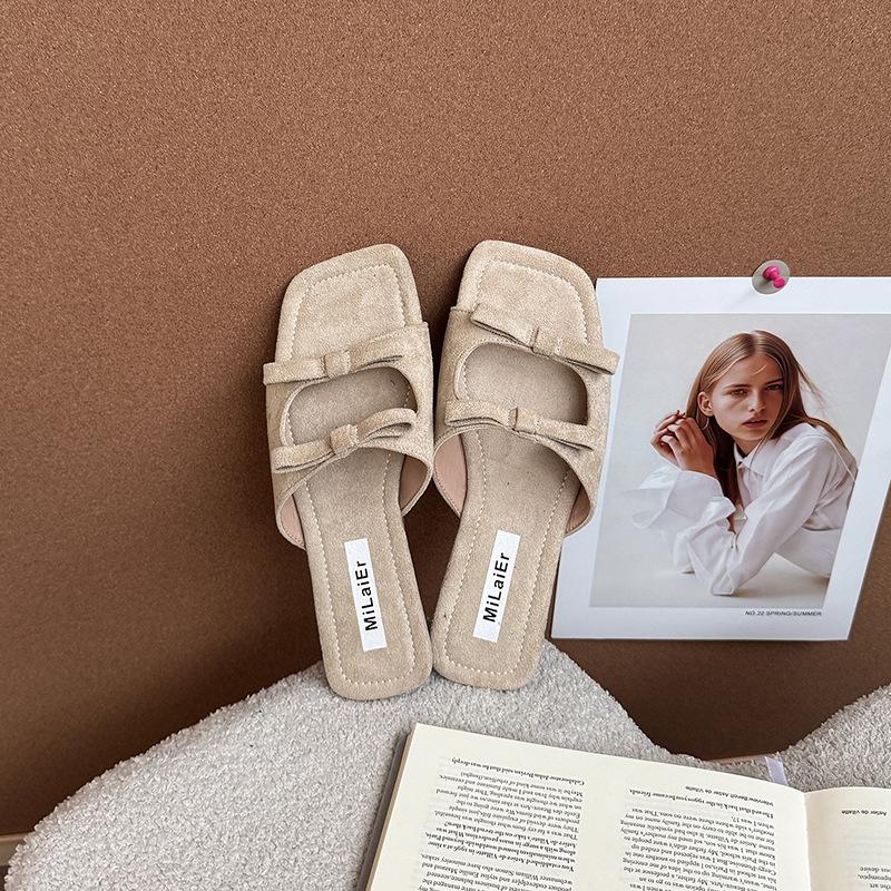 

Сандалии-шлепанцы с бантом и полым плоским дном, женские, новая квадратная головка, пляжные, на одно слово, летние 40 абрикосовый