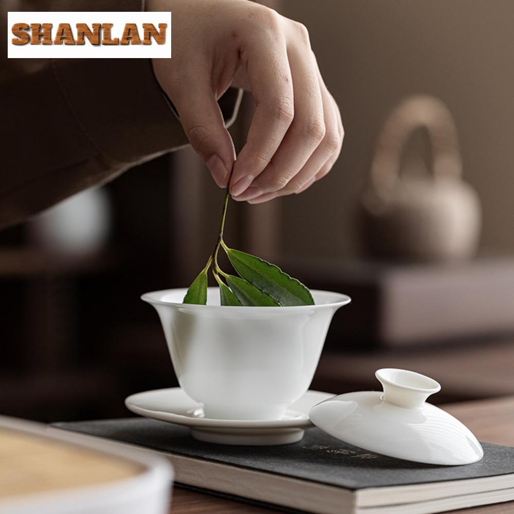 Mutton Fat Jade Porcelain Sancai Gaiwan Elegant Tea Tureen Tea Bowl With Lid Kit Tea Brewing Cover Bowl Chinese Tea Set Craft