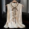 Women Sleeveless Ruffle Trim Collared Blouse Button Down Tie Neck Top Lightweight Shirt for Office or Casual Wear
