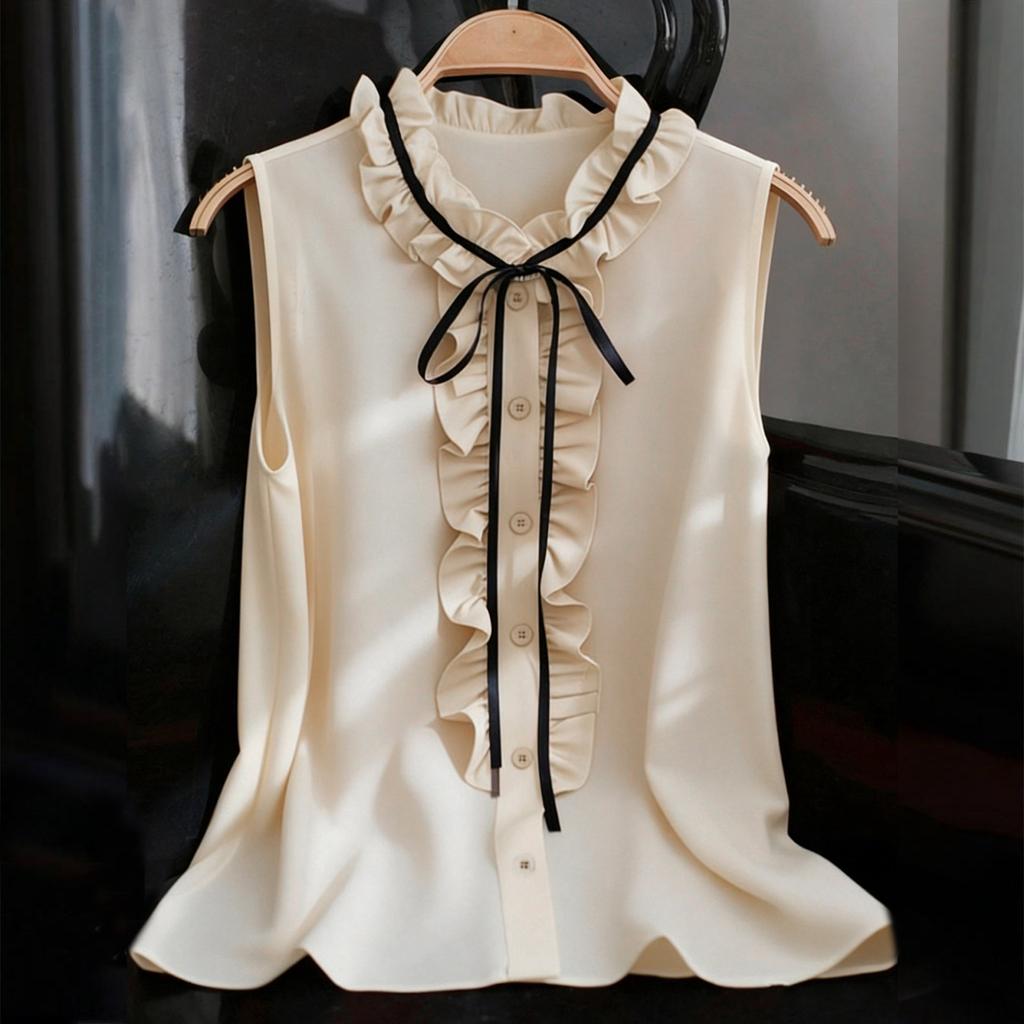 Women Sleeveless Ruffle Trim Collared Blouse Button Down Tie Neck Top Lightweight Shirt for Office or Casual Wear