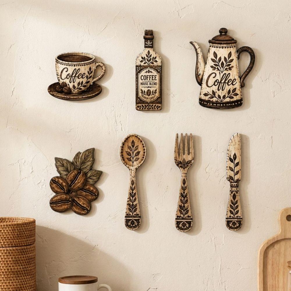 7Pcs Vintage Coffee Utensil Wooden Ornament Dining Room Wall Decor Set For Home Kitchen
