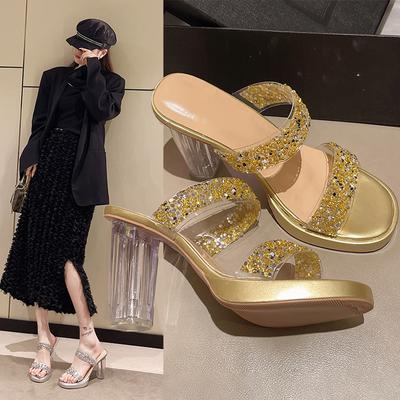 High Block Heels Sandals for Women Platform Slipper Chunky Heel Flip-Flop Women's Summer Square Open Toe Dress Shoes Rhinestone Two Strap Slides