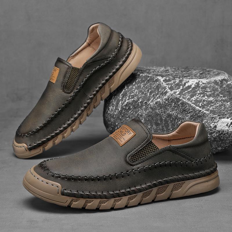 Handmade Leather Men's Casual Shoes Comfortable Slip on Loafers Vintage Style Moccasins Non-Slip Comfy Male Leisure Walk Flats