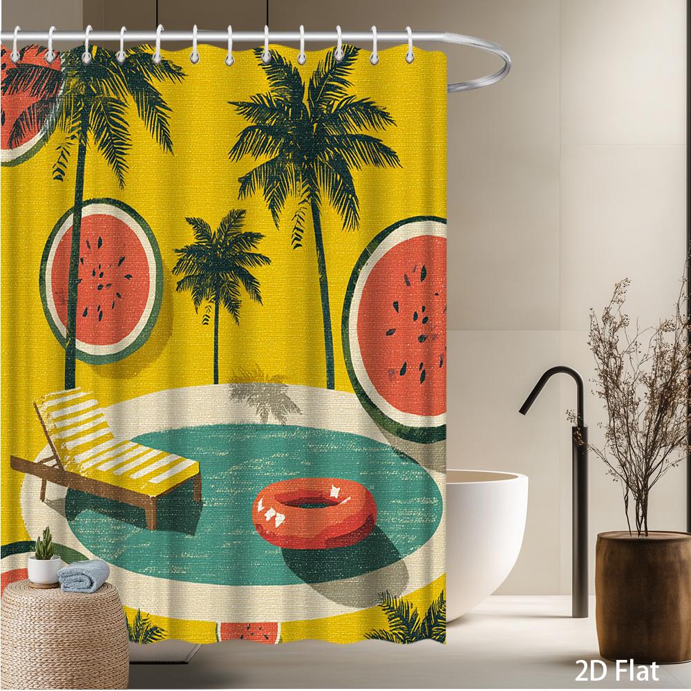 

Watermelon & Palm Tree Shower Curtain – Vibrant Yellow Green Pool Scene, Tropical Beach Design, Polyester, Includes Hooks 90x180cm35x71in