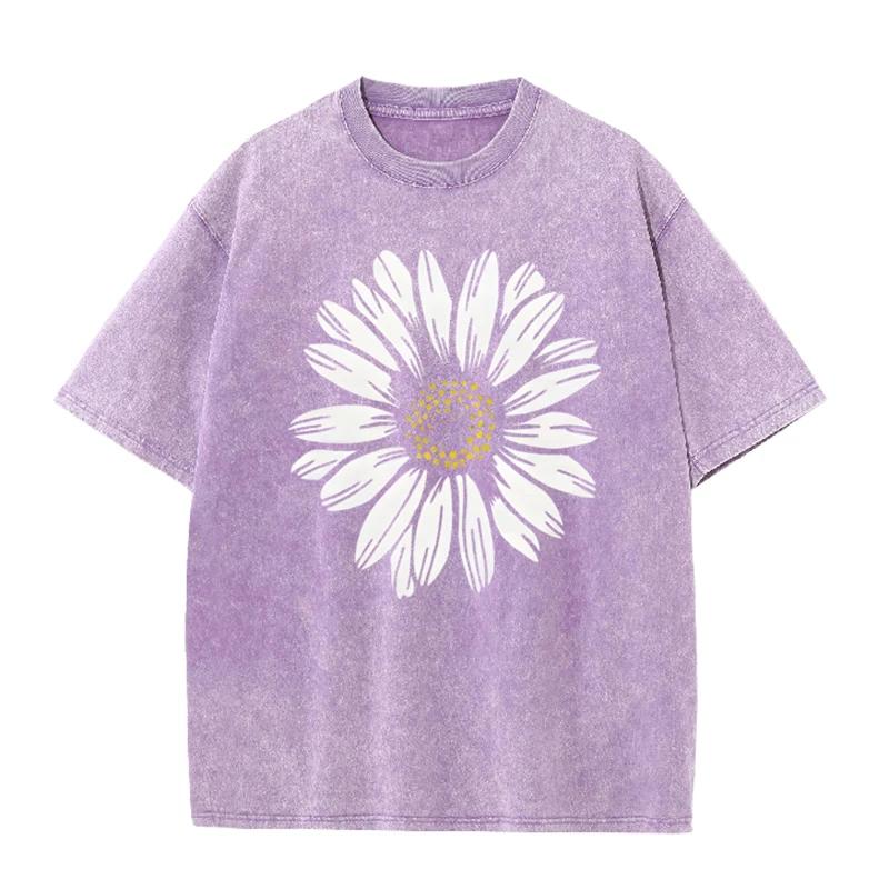 Daisy Flower Print Vintage Washed BlackT Shirt Casual Minimalist Streetwear Tee