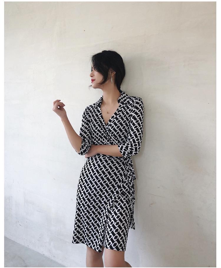 Women's Stand Collar High Waist Wrap Dress - Black & White, 3/4 Sleeve for Summer/Autumn