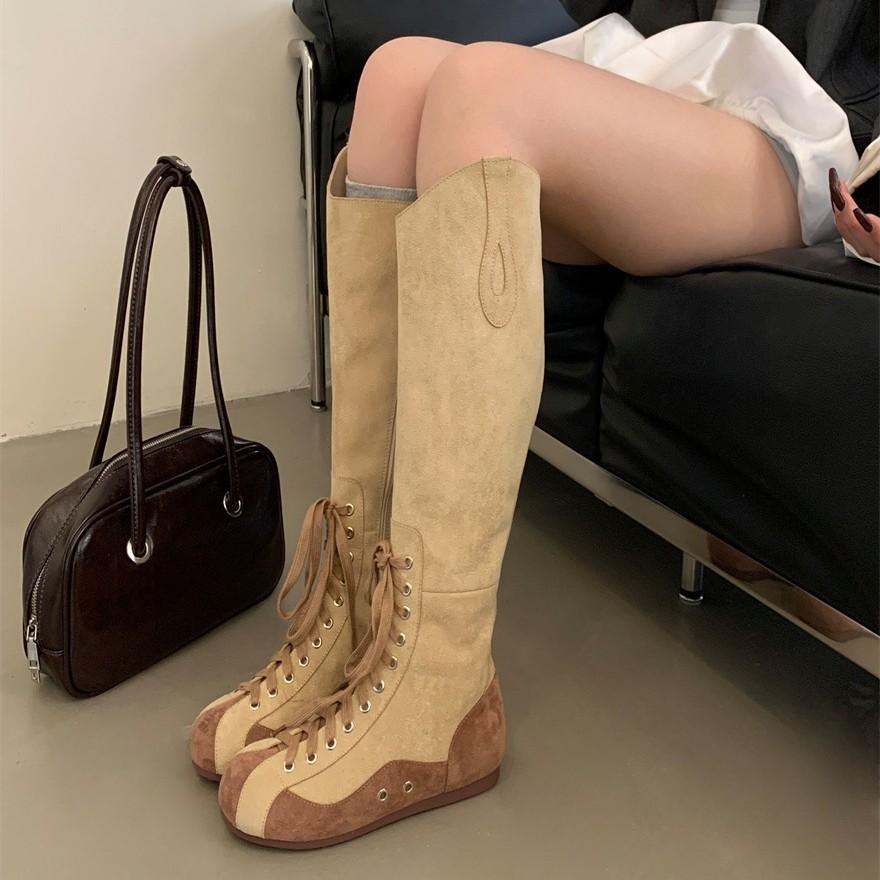Europe, America 2025 new autumn and winter 2025 suede medium boots round head thick heel Martin boots women's lace-up boots