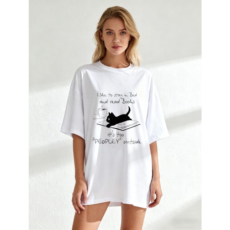 Oversize T-shirt Czarny Kot Czytający Książkę I Filiżanka Kawy Nadruk Lubię Zostawać w Łóżku I Czytać Książki Na Zewnątrz Jest Zbyt Dużo Ludzi Graficzny T-shirt Do Codziennego Noszenia