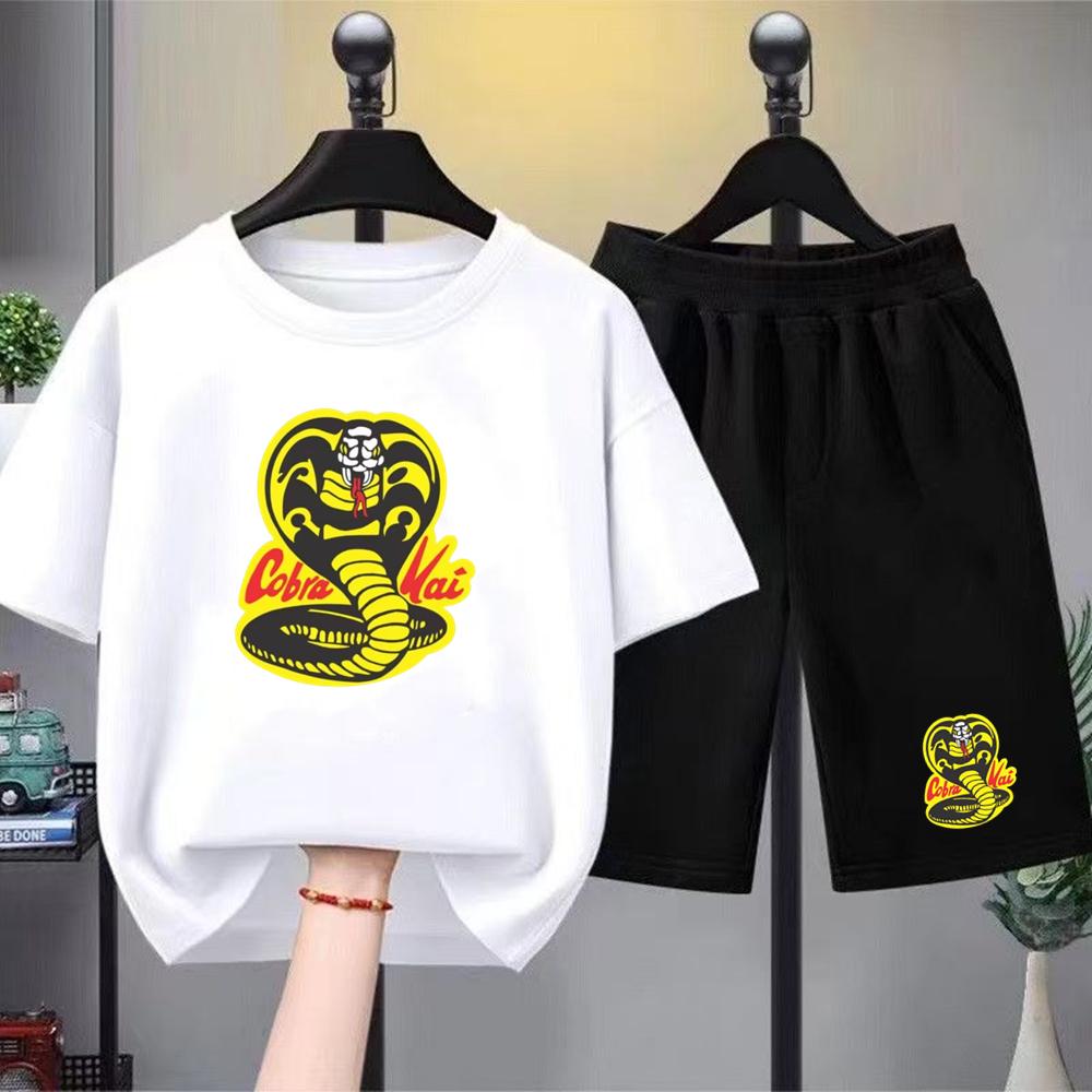 Summer T-shirt+shorts Anime snake Print Boy Black Girl Sets Tshirt kids Tops Casual Tees round Neck short-sleeved top