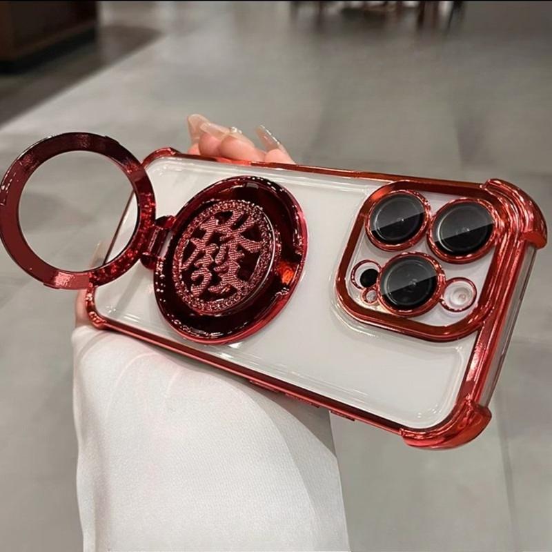 Applicable To Apple 16pro Rotating New Year's Hair Stand Mobile Case IPhone 15 Magnetic 14 Four Corner Anti Fall TPU Case
