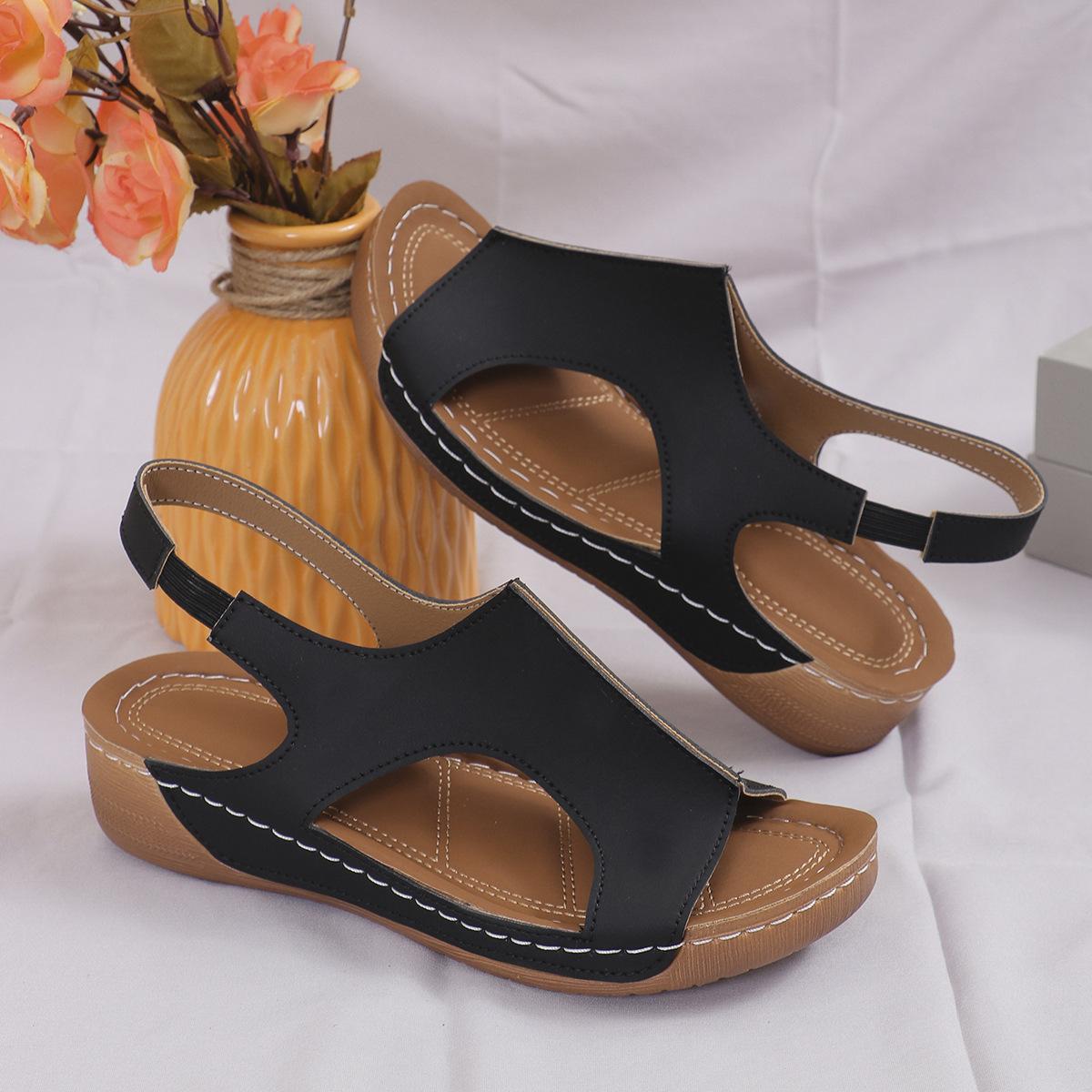 

2024 літні нові повсякденні сандалі на платформі з танкеткою, жіночі великі розміри, з підошвою-гойдалкою, еластичним ремінцем, сандалі з відкритим носком 43 чорний