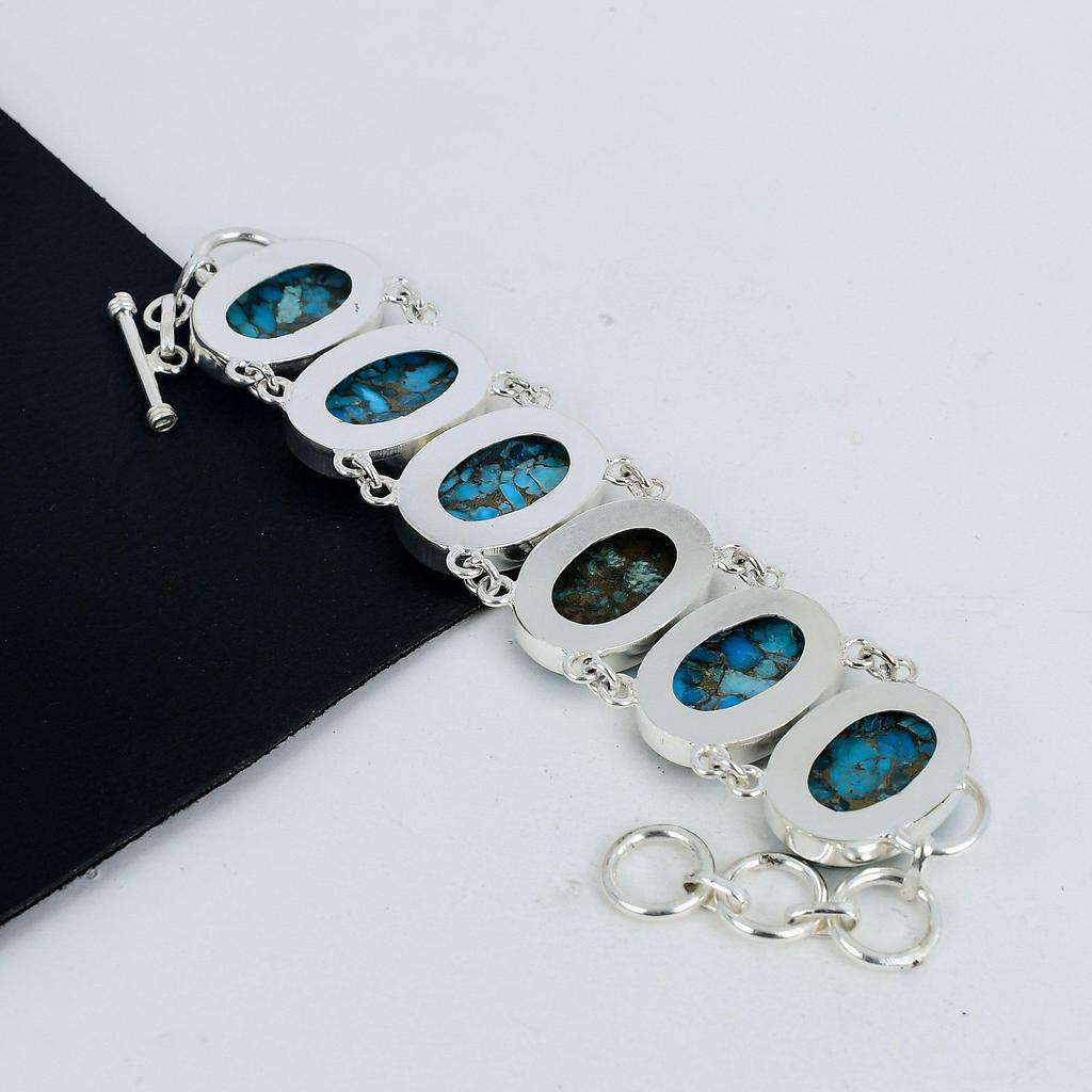 Blue Copper Turquoise Gemstone Handmade 925 Sterling Silver Bracelet, Blue Copper Turquoise Bracelet For Wife , Unisex Bracelet, Wadding Gift