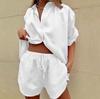 Summer Women's Solid Color Two-Piece Set: Short-Sleeved Shirt with Wide-Leg Pants or Tie-Waist Shorts