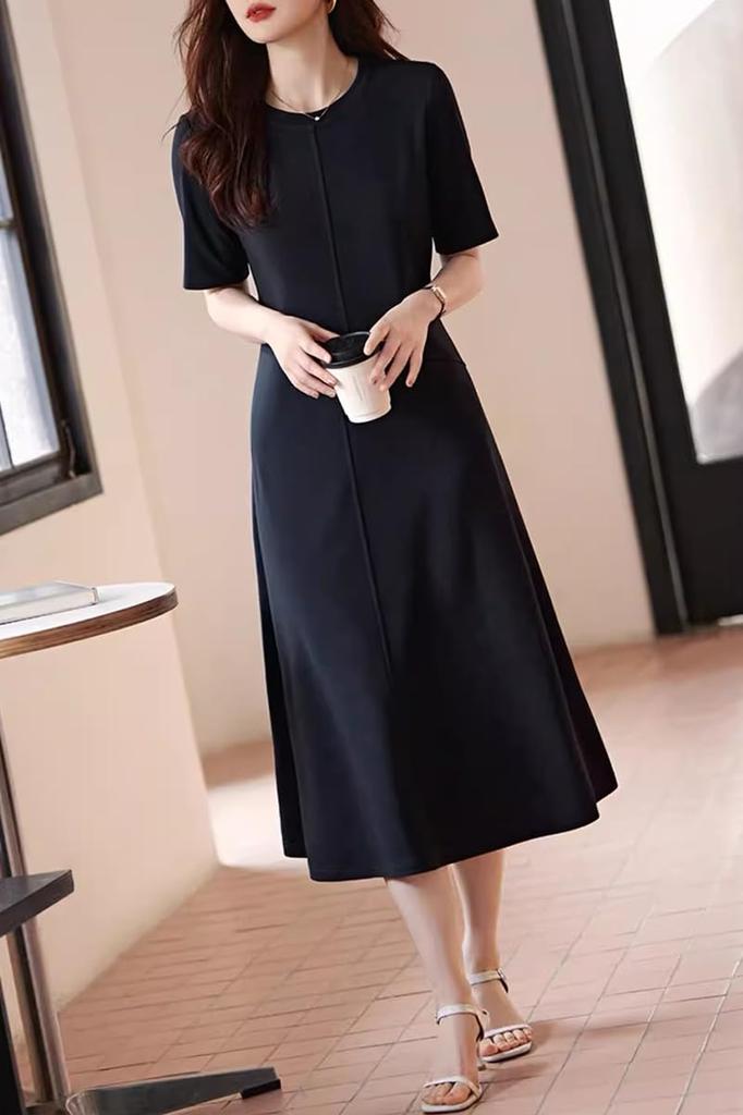 Vestido Midi Curto de Verão Chubikime Gola Redonda Solto Liso Adulto Casual Perfeito para o Trabalho ou Ocasiões Formais Vestido Feminino, Comprimento, Mangas, Gola, Corte em A