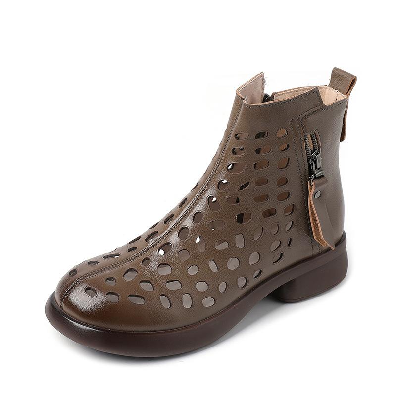 Fashion GKTINOO 2025 Summer Ankle Boots Genuine Leather Shoes Women Mid Heels Sandals Side Zip Boots Cutout Breathable Mujer Zapatos