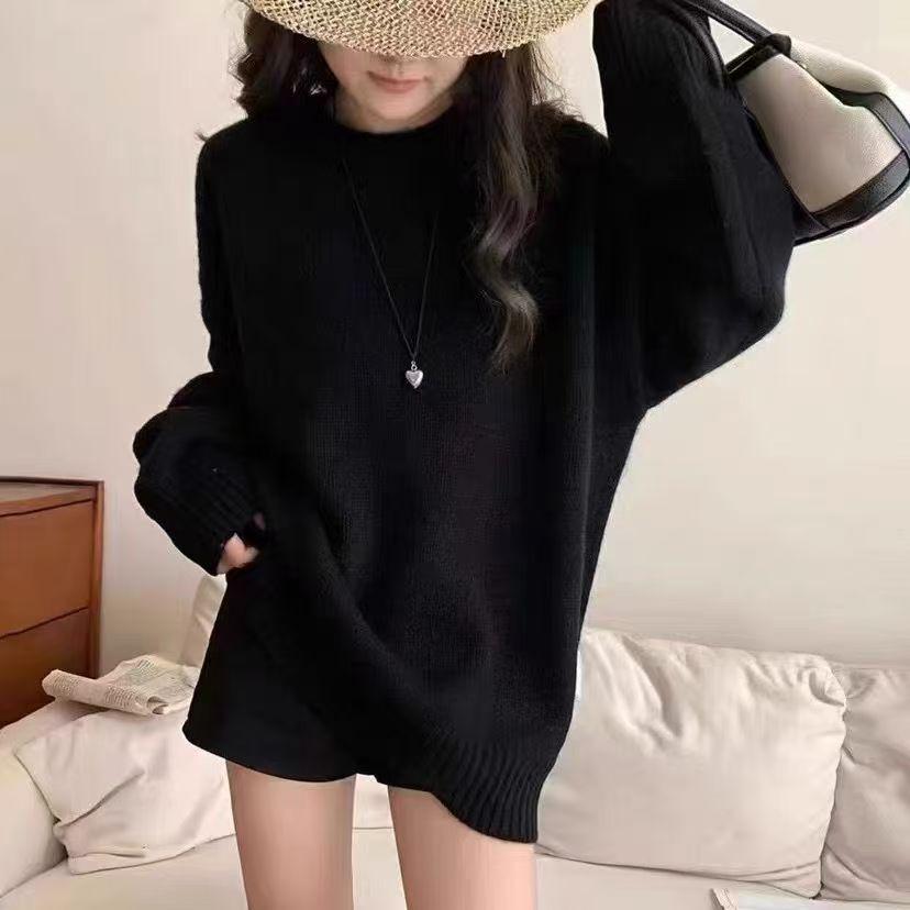Cross2026 Autumn/Winter Mid-Length Knit Sweater Dress - Women's Loose Round Neck Solid Color