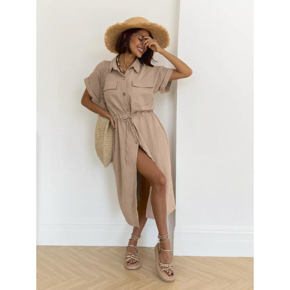 Women's Turn Down Collar Short Sleeve Midi Dress Loose Mid Waist Elegant Solid Polyester Rayon Nylon Shirt Dress With Pocket Drawstring