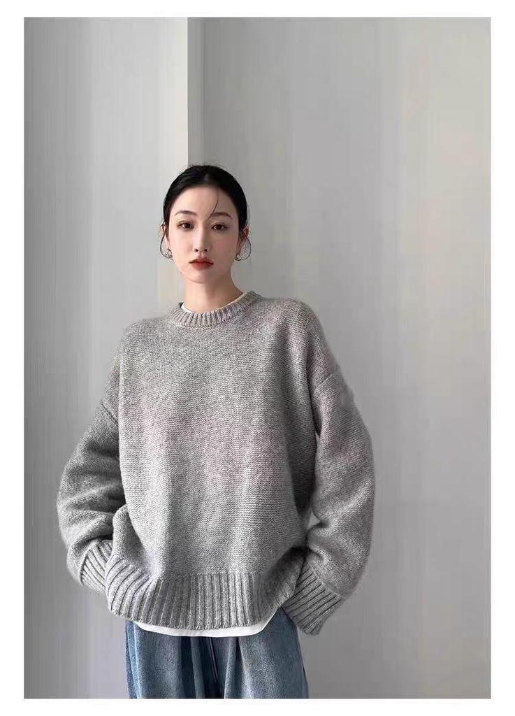 Women's European-Style Heavy-Weight Pure Wool Round-Neck Sweater, Thick & Loose Mid-Length Cashmere Pullover