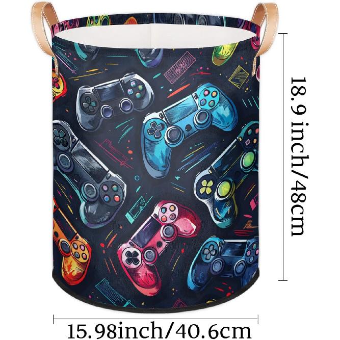 Bardic Large Laundry Basket Gaming Theme Laundry Hamper with Leather Handle, Game Controller Collapsible Organizer Basket Freestanding Tall Clothes