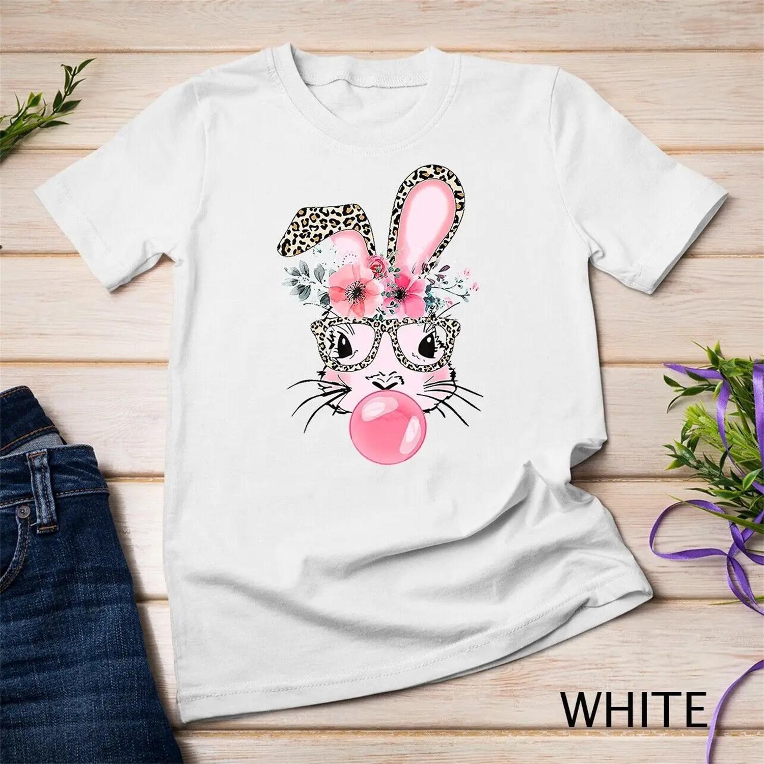 

Cute Bunny With Leopard Glasses Bubblegum Easter Day T Shirt XXXXXL білий