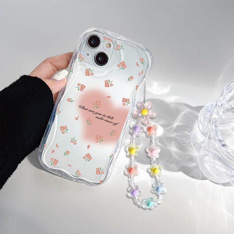 Clear Floral Leaf Chain Strap 3D Wave Case For IPhone 17 16 15 14 13 12 11 Pro Max 17 Pro 17 Air 16e 16 Plus 13 Mini Soft Cover