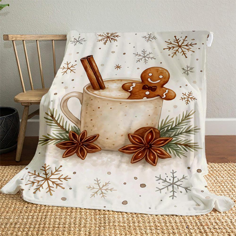 1PC Hot Chocolate Gingerbread manOutdoor Flannel Blanket - Soft Plush Decor for Picnics, Camping, Bedroom, Playroom, Office, or Lunch Break 1334A