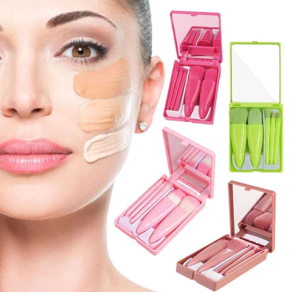Set di 5 pennelli da trucco da viaggio, mini pennelli da trucco, piccoli pennelli cosmetici completi con custodia e specchio Perfe